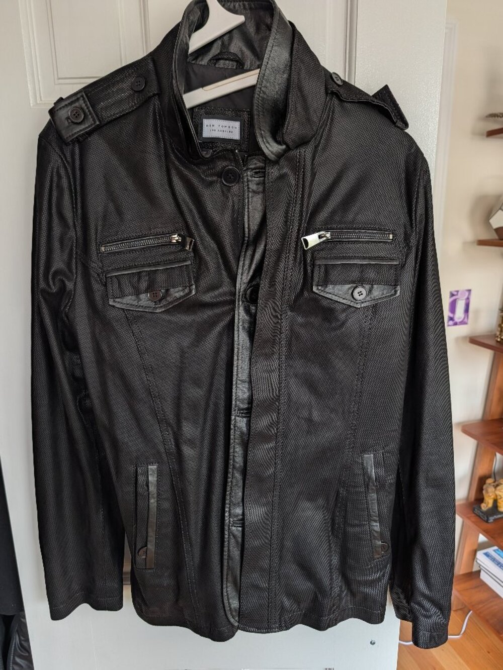 Ron Tomson Black Suede Epaulette Shoulder Stand Collar Jacket NWT Size M/38